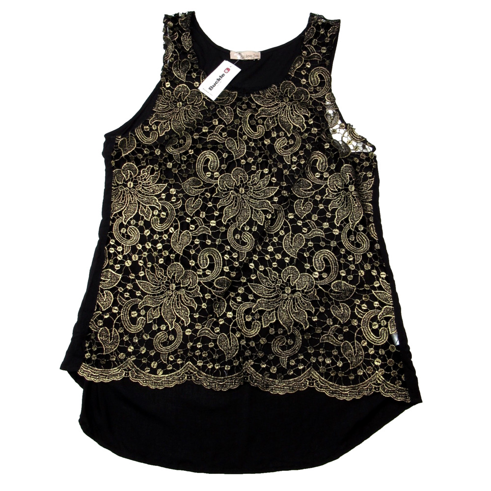Love Tree Foiled Tank Top Large Buckle Sheer Layering Gold Black Boho Festival